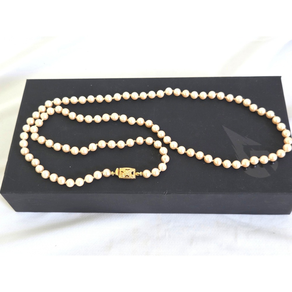 Vintage Monet Faux Pearl Necklace Gold Tone Filigree Clasp 30in Knotted Strand